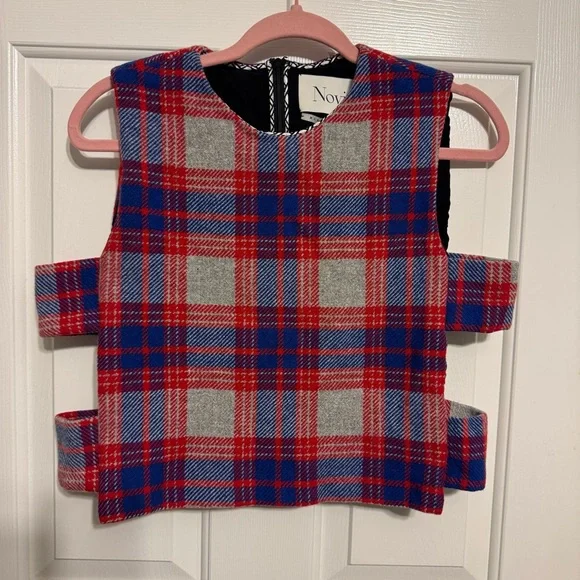 Novis NY The Jackson Womens Wool Red and Blue Plaid Open-Sided Crop Top Sz 10 - Picture 1 of 12